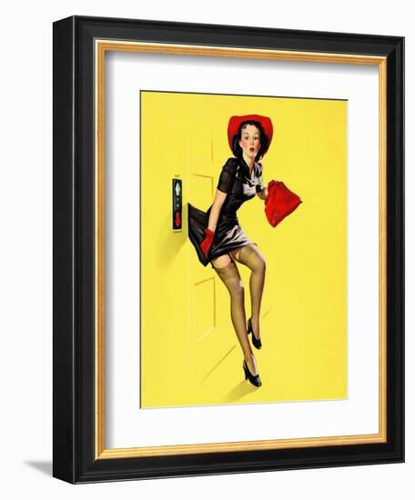 "Going Up" Retro Pin-Up Girl with Dress Caught in Elevator by Gil Elvgren-Piddix-Framed Art Print