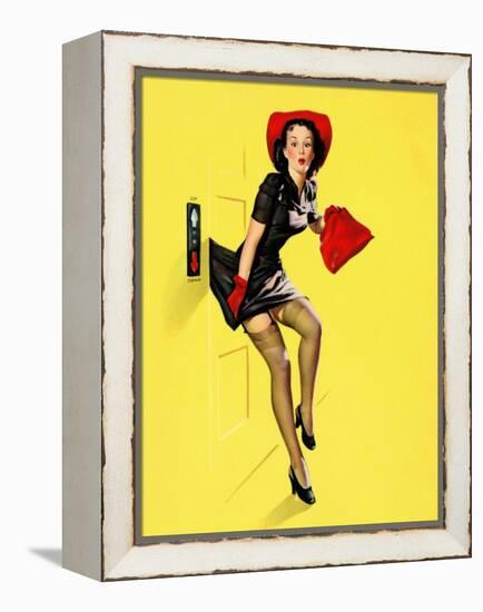 "Going Up" Retro Pin-Up Girl with Dress Caught in Elevator by Gil Elvgren-Piddix-Framed Stretched Canvas