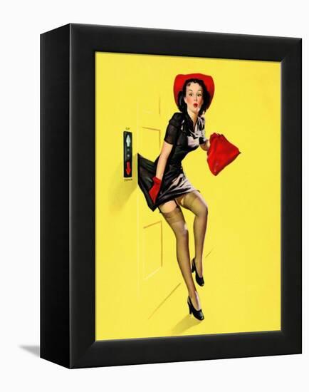 "Going Up" Retro Pin-Up Girl with Dress Caught in Elevator by Gil Elvgren-Piddix-Framed Stretched Canvas