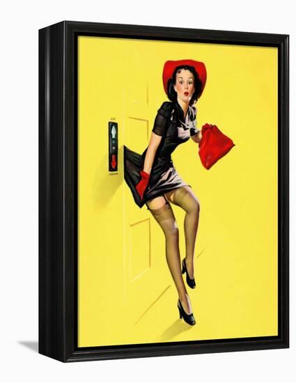 "Going Up" Retro Pin-Up Girl with Dress Caught in Elevator by Gil Elvgren-Piddix-Framed Stretched Canvas