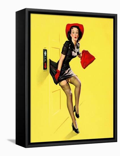 "Going Up" Retro Pin-Up Girl with Dress Caught in Elevator by Gil Elvgren-Piddix-Framed Stretched Canvas