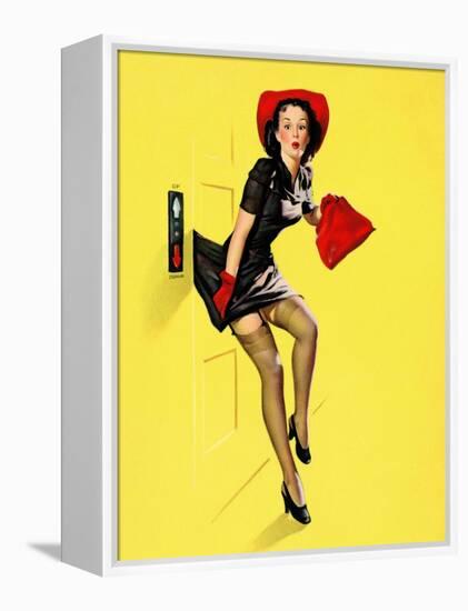 "Going Up" Retro Pin-Up Girl with Dress Caught in Elevator by Gil Elvgren-Piddix-Framed Stretched Canvas