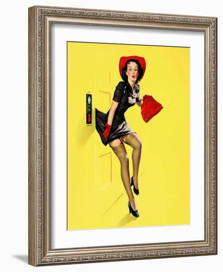 "Going Up" Retro Pin-Up Girl with Dress Caught in Elevator by Gil Elvgren-Piddix-Framed Art Print