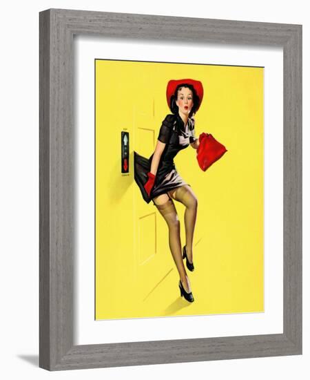 "Going Up" Retro Pin-Up Girl with Dress Caught in Elevator by Gil Elvgren-Piddix-Framed Art Print