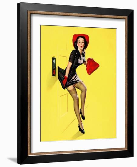 "Going Up" Retro Pin-Up Girl with Dress Caught in Elevator by Gil Elvgren-Piddix-Framed Art Print