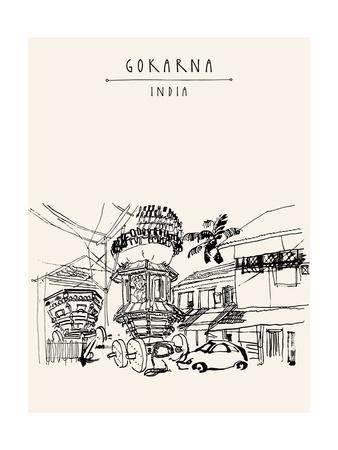 Gokarna Karnataka India Vector Artistic Drawing Travel Sketch Decorated Car In The Street On M Art Print Babayuka Art Com