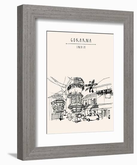 Gokarna, Karnataka, India. Vector Artistic Drawing. Travel Sketch. Decorated Car in the Street on M-babayuka-Framed Art Print