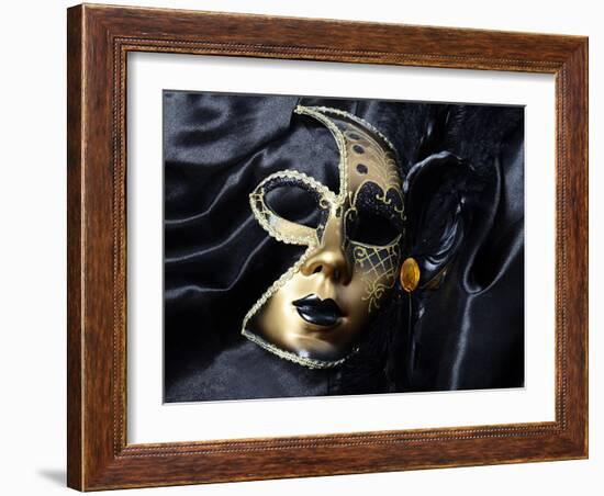 Gold A Carnival Mask With Black Feathers-voronin76-Framed Art Print