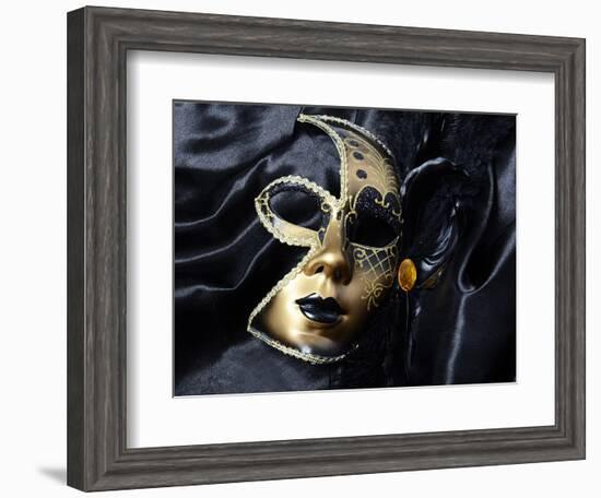 Gold A Carnival Mask With Black Feathers-voronin76-Framed Art Print