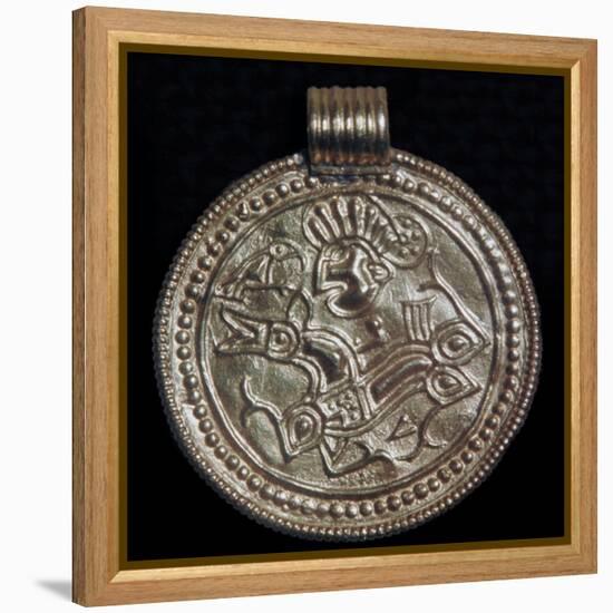 Gold bracteate from Sweden showing Odin and a raven. Artist: Unknown-Unknown-Framed Premier Image Canvas