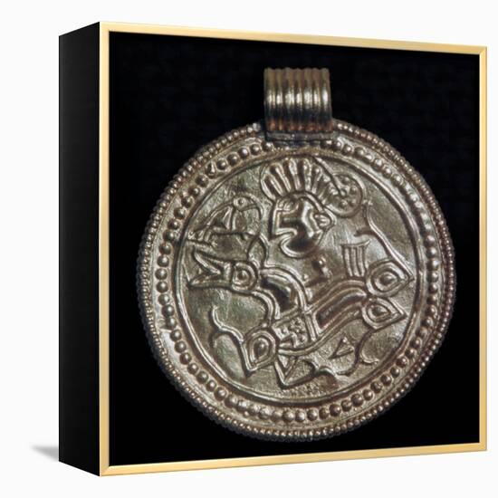 Gold bracteate from Sweden showing Odin and a raven. Artist: Unknown-Unknown-Framed Premier Image Canvas