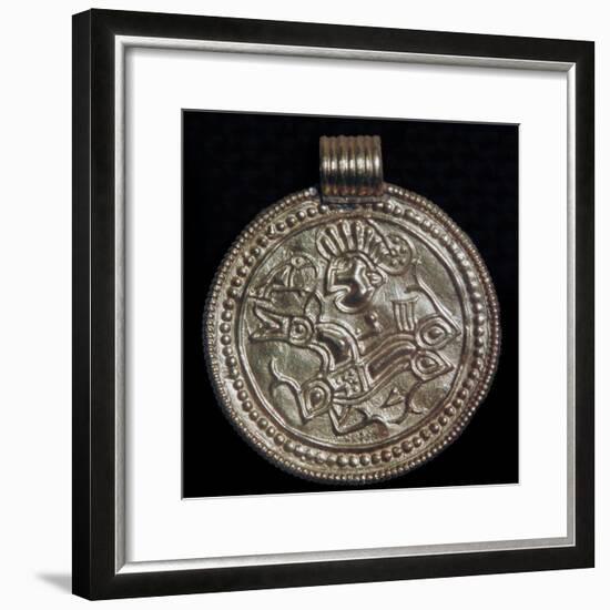 Gold bracteate from Sweden showing Odin and a raven. Artist: Unknown-Unknown-Framed Giclee Print