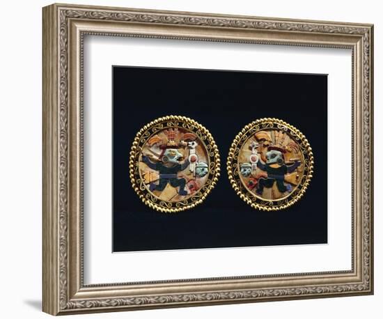 Gold Earrings Decorated with Lapis Lazuli and Shell Mosaic Depicting Warriors-null-Framed Giclee Print