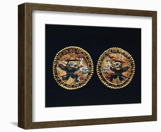 Gold Earrings Decorated with Lapis Lazuli and Shell Mosaic Depicting Warriors-null-Framed Giclee Print