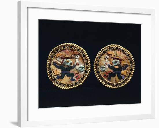 Gold Earrings Decorated with Lapis Lazuli and Shell Mosaic Depicting Warriors-null-Framed Giclee Print