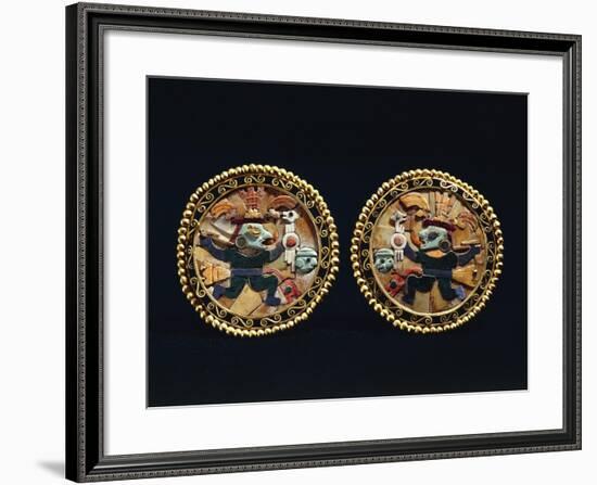 Gold Earrings Decorated with Lapis Lazuli and Shell Mosaic Depicting Warriors-null-Framed Giclee Print