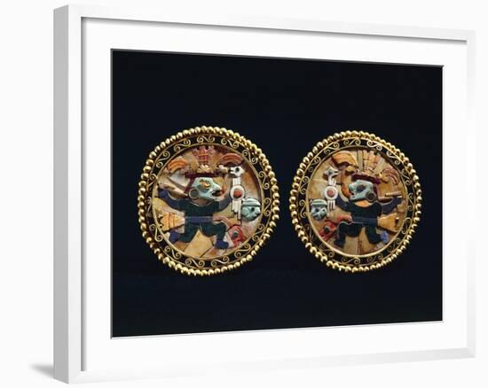 Gold Earrings Decorated with Lapis Lazuli and Shell Mosaic Depicting Warriors-null-Framed Giclee Print