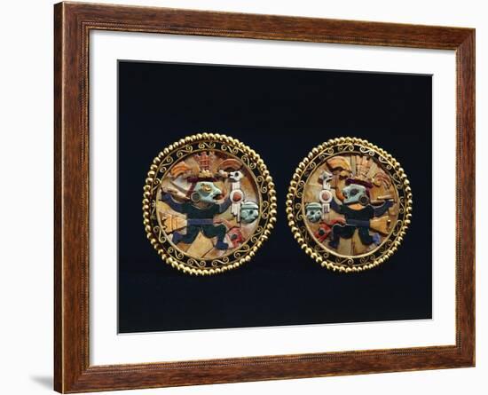 Gold Earrings Decorated with Lapis Lazuli and Shell Mosaic Depicting Warriors-null-Framed Giclee Print