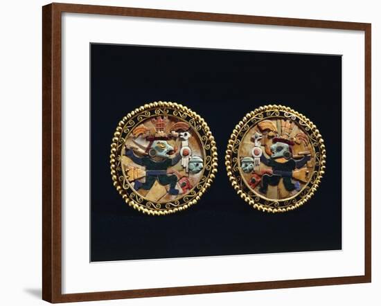 Gold Earrings Decorated with Lapis Lazuli and Shell Mosaic Depicting Warriors-null-Framed Giclee Print