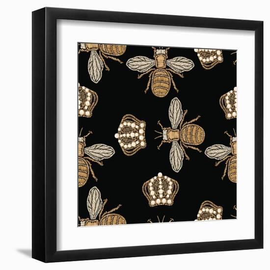 Gold Embroidery Bee and Crown on a Black Background.-Daria Kozlovskikh-Framed Art Print