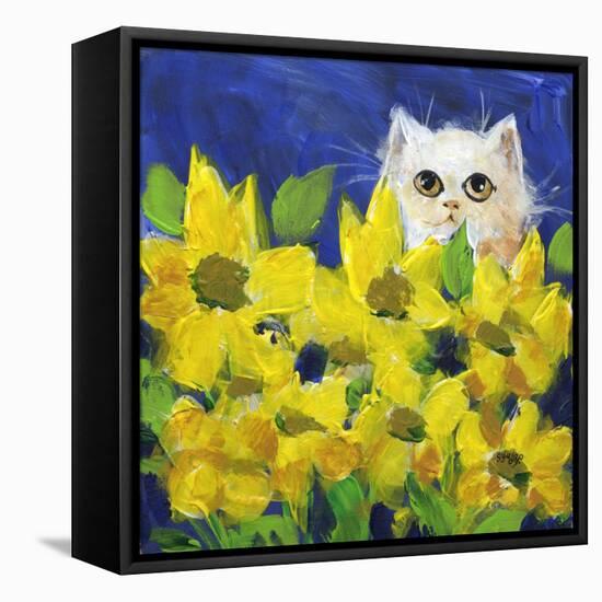 Gold Eye White Persian in Yellow Flowers-sylvia pimental-Framed Stretched Canvas