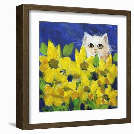 Gold Eye White Persian in Yellow Flowers-sylvia pimental-Framed Art Print