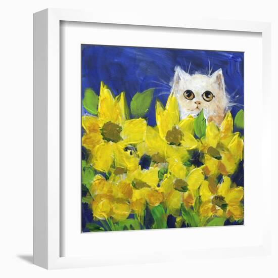 Gold Eye White Persian in Yellow Flowers-sylvia pimental-Framed Art Print