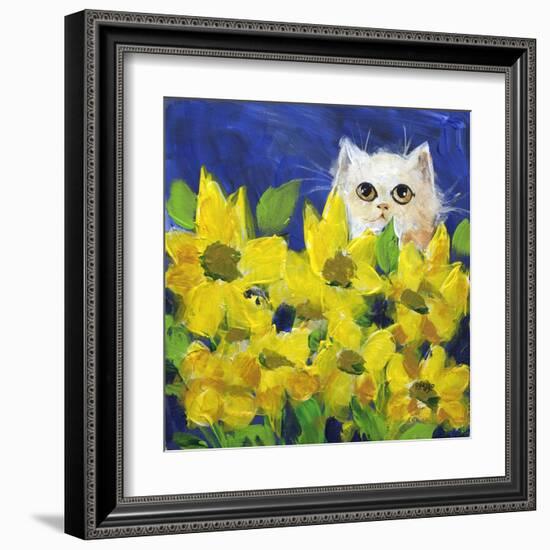 Gold Eye White Persian in Yellow Flowers-sylvia pimental-Framed Art Print