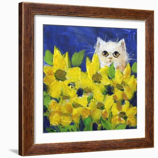 Gold Eye White Persian in Yellow Flowers-sylvia pimental-Framed Art Print