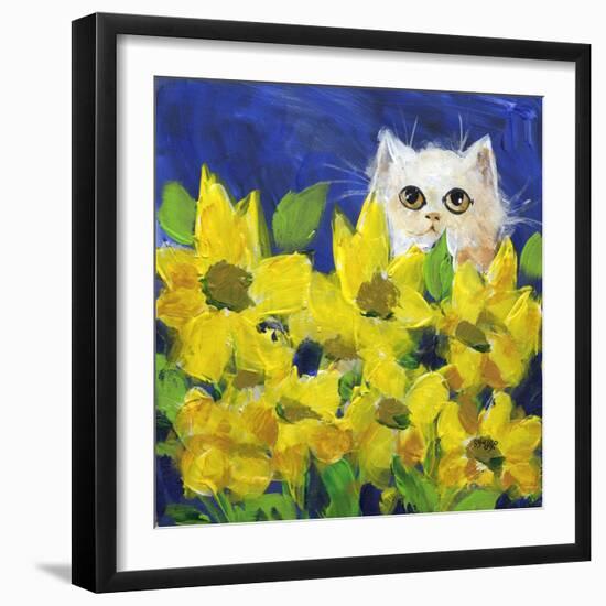 Gold Eye White Persian in Yellow Flowers-sylvia pimental-Framed Art Print