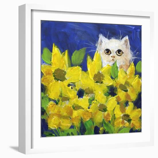 Gold Eye White Persian in Yellow Flowers-sylvia pimental-Framed Art Print