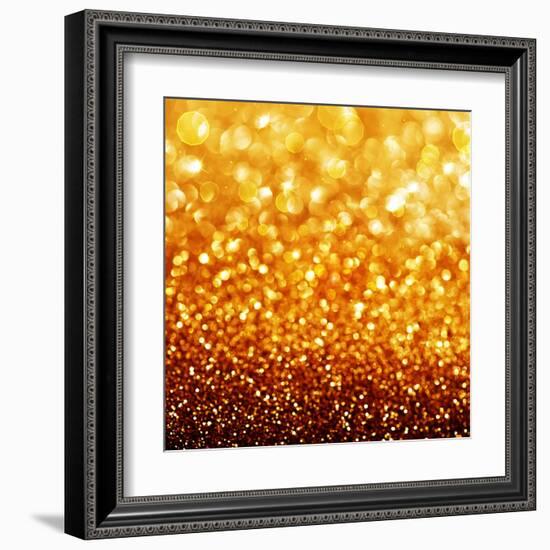 Gold Festive Background - Abstract Golden Christmas and New Year Bokeh Blinking Background-Subbotina Anna-Framed Art Print