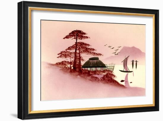 Gold Japanische Landschaft, Boot, Berg-null-Framed Giclee Print
