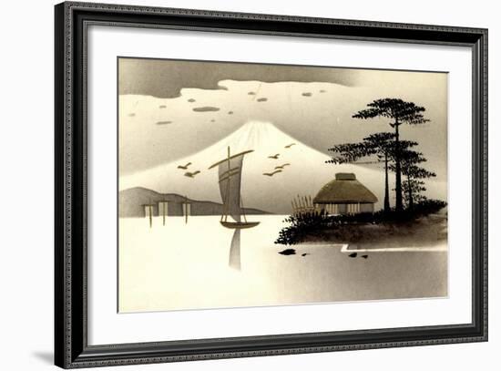 Gold Japanische Landschaft, Boote, Hütte, Vögel-null-Framed Giclee Print