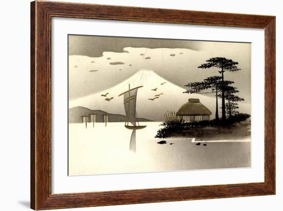 Gold Japanische Landschaft, Boote, Hütte, Vögel-null-Framed Giclee Print