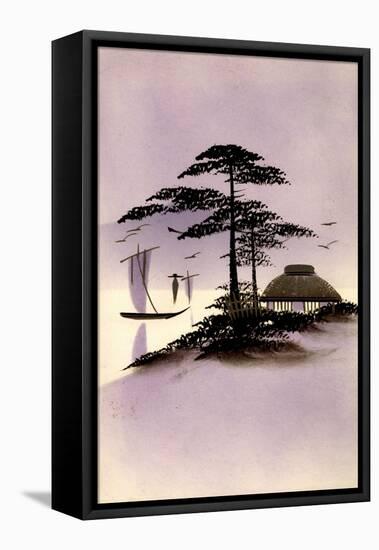 Gold Japanische Landschaft, Hütte, Boot-null-Framed Premier Image Canvas