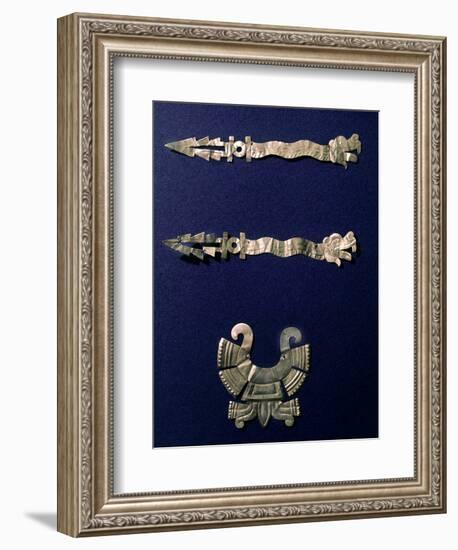 Gold labret and two xiuhcoatl ('fire serpents'), Aztec, Mexico, c1500-Werner Forman-Framed Photographic Print