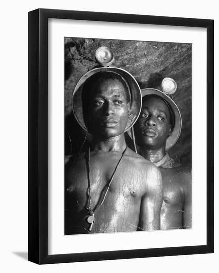 Gold Miners, Wearing Helmets and Perspiring Heavily, Standing in Robinson Deep Diamond Mine Tunnel-Margaret Bourke-White-Framed Photographic Print