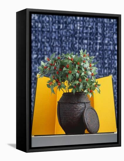 Gold Screen with Wooden Vase And Lid Filled with Small Cherry Tree on Blue Tweed-null-Framed Premier Image Canvas