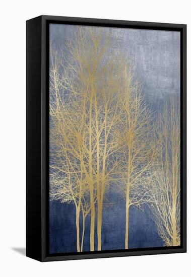 Gold Trees on Blue Panel I-Kate Bennett-Framed Stretched Canvas