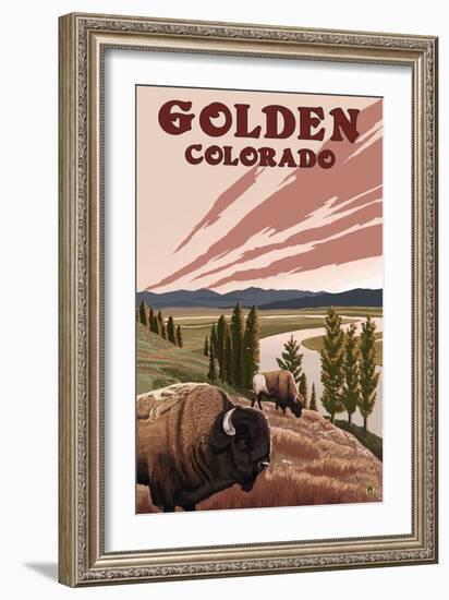 Golden, Colorado - Bison and River-Lantern Press-Framed Art Print