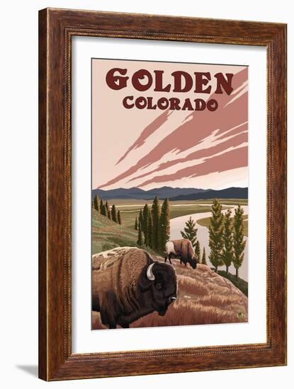 Golden, Colorado - Bison and River-Lantern Press-Framed Art Print