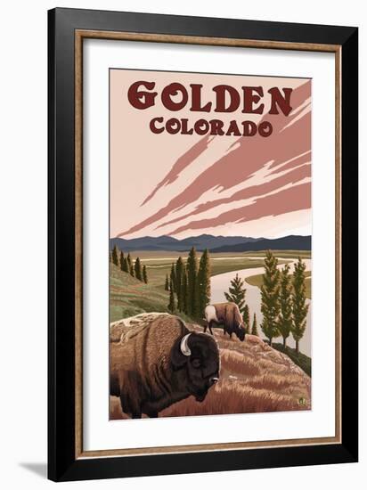 Golden, Colorado - Bison and River-Lantern Press-Framed Art Print