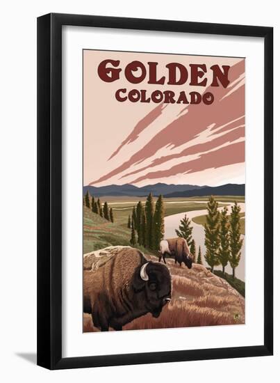 Golden, Colorado - Bison and River-Lantern Press-Framed Art Print