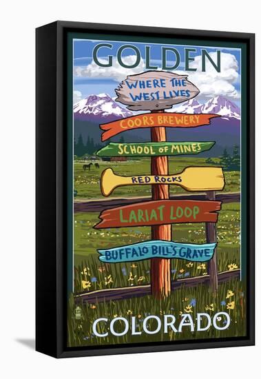 Golden, Colorado - Sign Destinations-Lantern Press-Framed Stretched Canvas