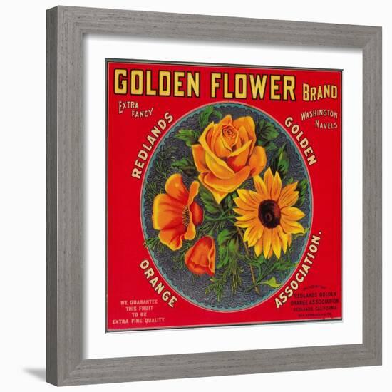 Golden Flower Orange Label - Redlands, CA-Lantern Press-Framed Art Print