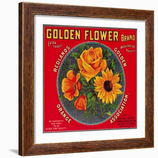 Golden Flower Orange Label - Redlands, CA-Lantern Press-Framed Art Print