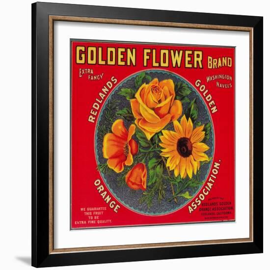 Golden Flower Orange Label - Redlands, CA-Lantern Press-Framed Art Print