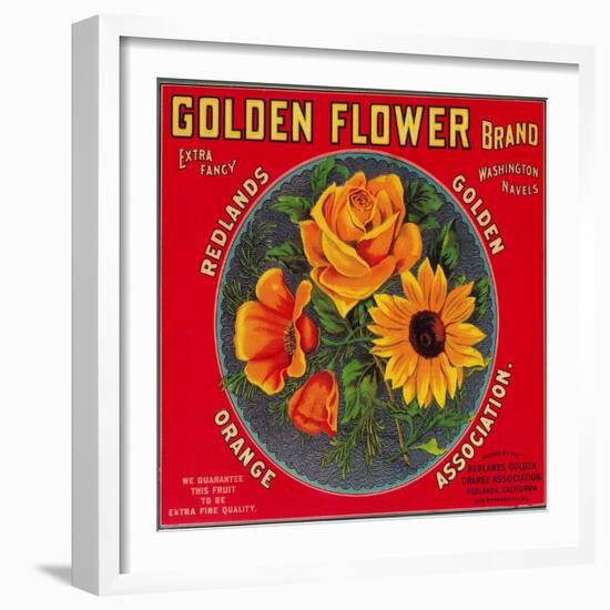 Golden Flower Orange Label - Redlands, CA-Lantern Press-Framed Art Print