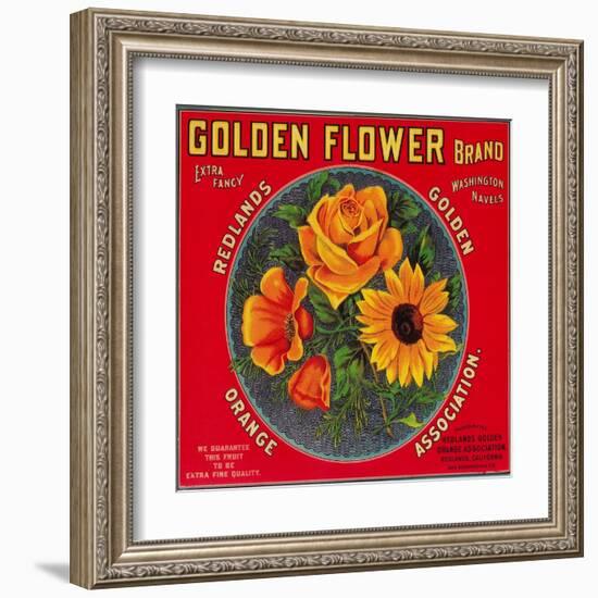 Golden Flower Orange Label - Redlands, CA-Lantern Press-Framed Art Print